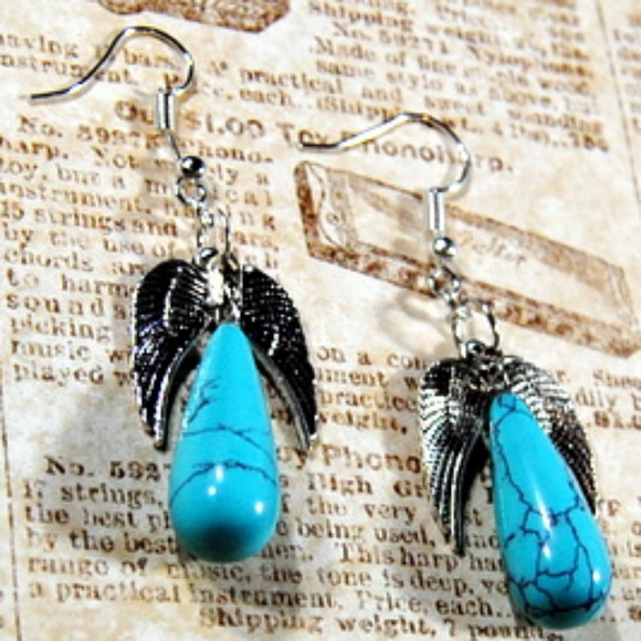 Stone Teardrop Pendants with Silver Wing Charms - Picture 2 of 2